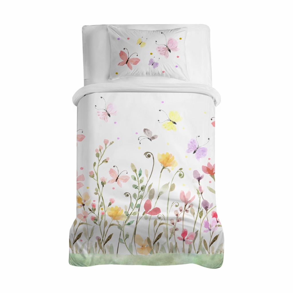 Edredom Infantil + Fronha Kit Solteiro Flores Borboletas 100% Algodão - E465