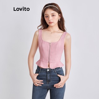 Lovito Vintage Plain Zipper Tweed Women Top L44Ee017 (Dusty Rosa)