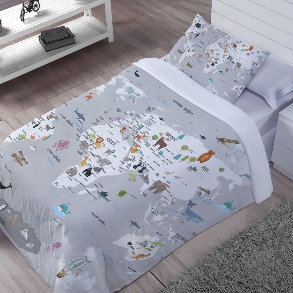 Edredom Infantil + Fronha Kit Solteiro Mapa 100% Algodão - E54