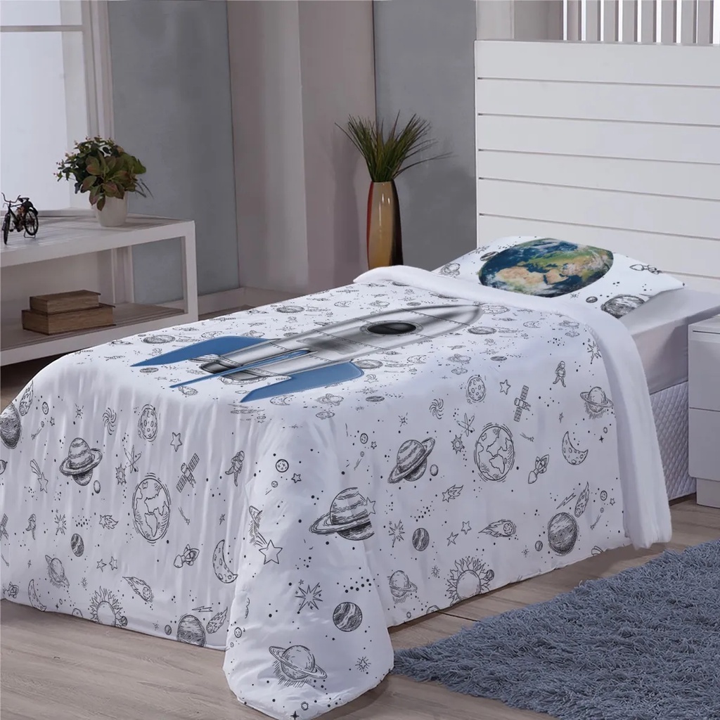 Edredom Infantil + Fronha Kit Solteiro Foguete 100% Algodão - E587
