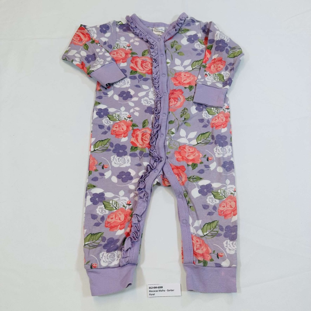 Macacao Malha - Floral - Gerber - Tamanho 6 a 9M == peça Seminova - COD 6399