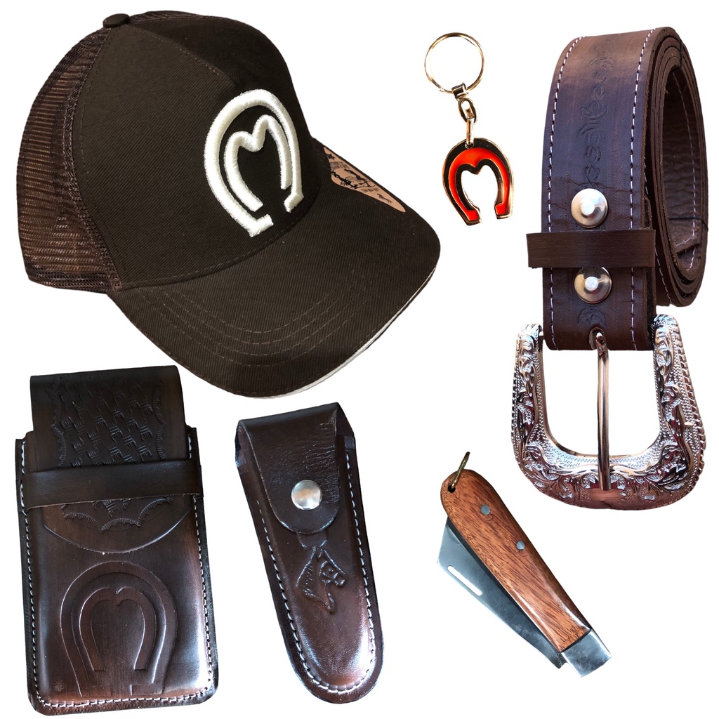 Kit Country Boné Mangalarga Capinha de Celular Cinto Couro Bainha e Canivete Chaveiro