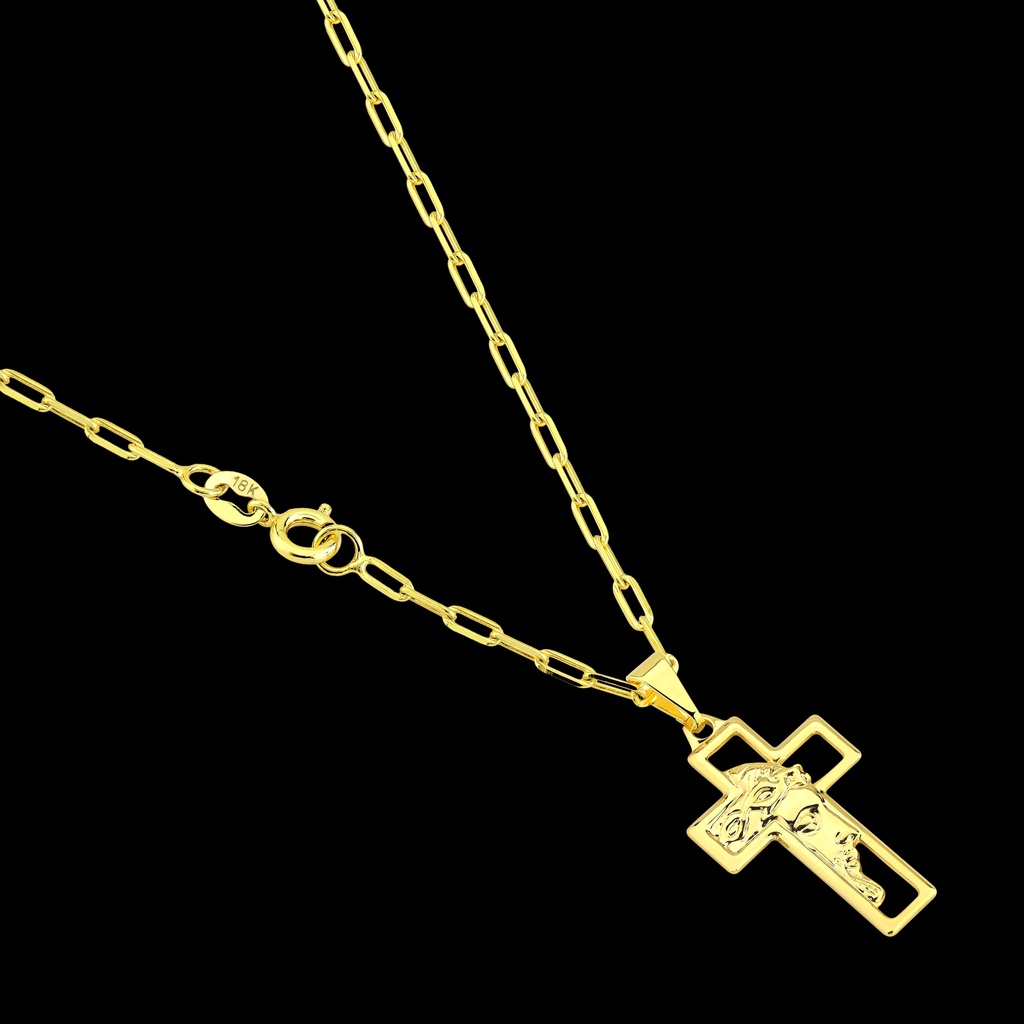 Corrente Cartier Masculina + Pingente Cruz Face de Cristo Banhados a ouro18k Correntinha Cordão com Crucifixo