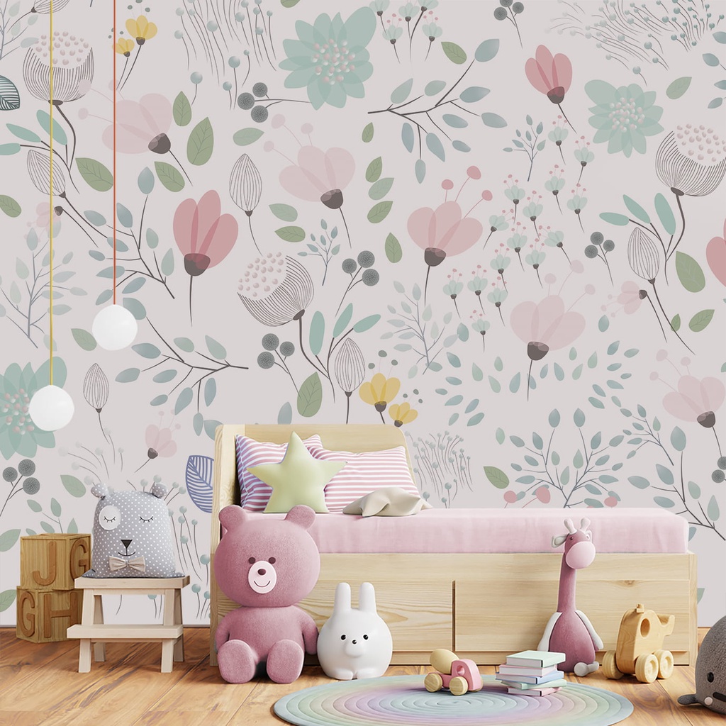 Papel De Parede Adesivo Flores Colorido Com Folhas Quarto Infantil Bebê Menina Adesivo Artes Lavável