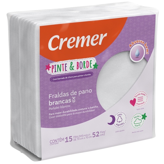 Fralda de Pano Pinte e Borde Com 15 Unidades 70x70 Cremer 100% algodão 52 fios/cm² SK00000065