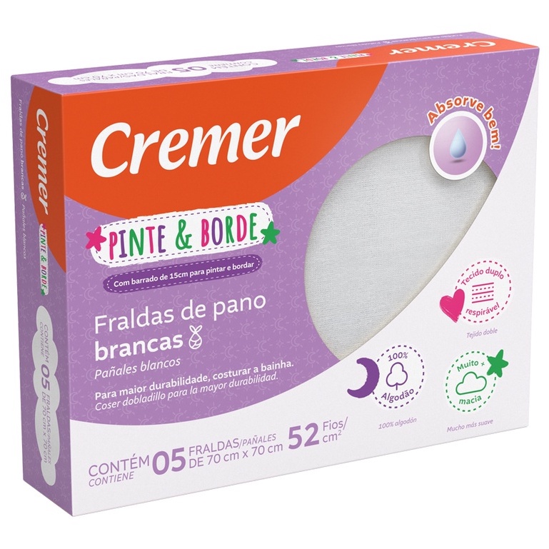 Fralda de Pano Pinte e Borde 70x70 Cremer 100% algodão 52 fios/cm² Branca SKU000005