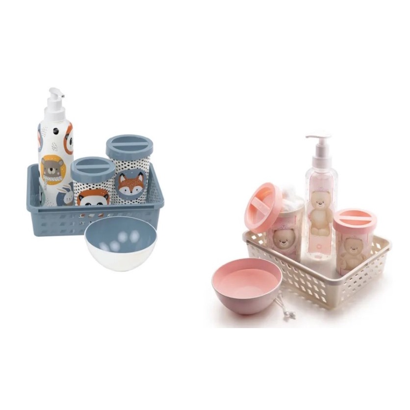 Kit Higiene Bebe 5 peças com dispenser p/alcool em gel ou sabonete liquido + porta Cotonete + porta Algodão + Cesta + Molhadeira plástico plásutil estampa