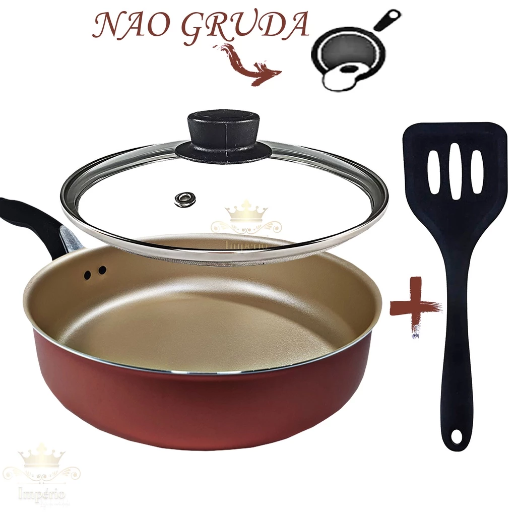 Frigideira Alta 18 Cm Com Tampa De Vidro E Espátula Antiaderente Com 5 Camadas De Teflon Cor Cereja Gold Frigideira Grande Funda Alumínio Resistente