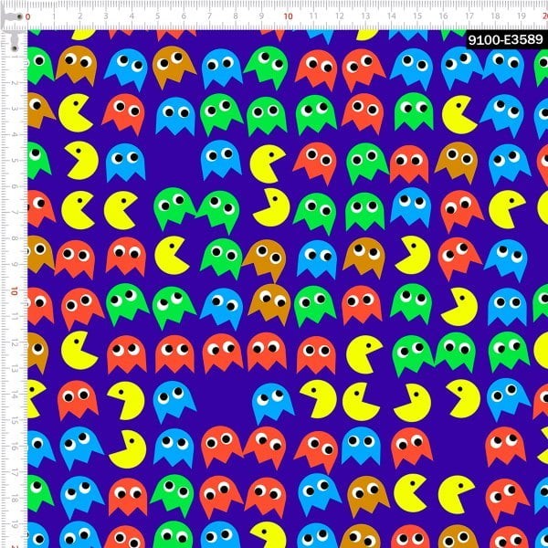 Tecido Tricoline Digital Pac-man Fundo Azul Personalizado 100% Algodão Qualidade Superior Enxoval