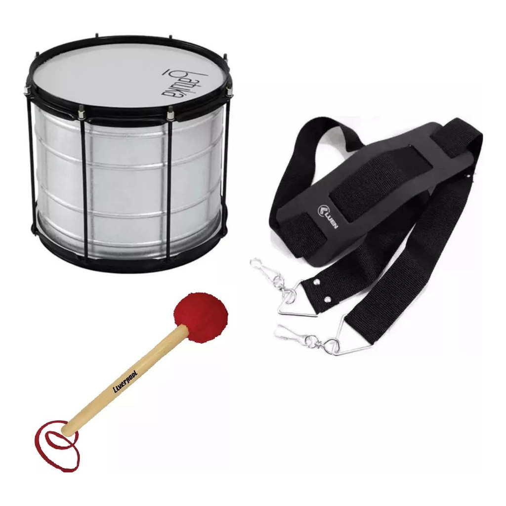 Kit Surdo Batuka Talabarte 2 Gancho com Baqueta Maçaneta Vermelho Jogo Maçaneta Fanfara
