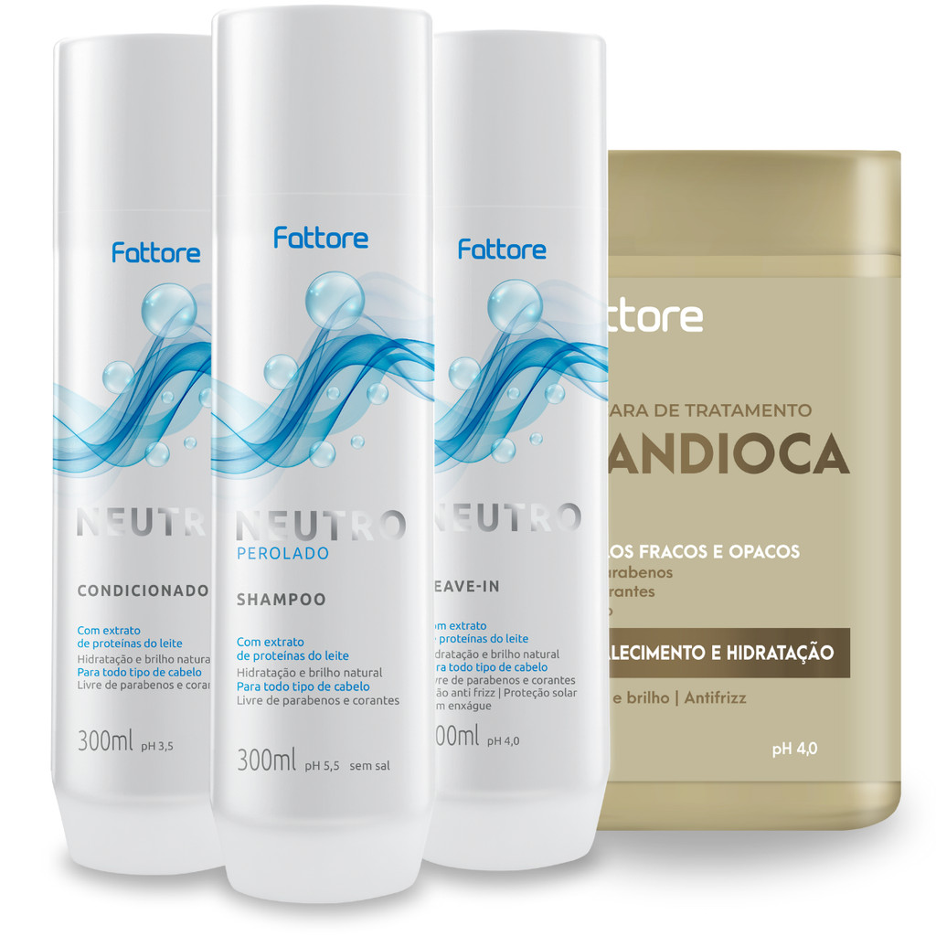 Kit Neutro Perolado Fattore - Shampoo, Condicionador, Leave-In (300ml cada) Neutro Perolado, Máscara Mandioca 1Kg