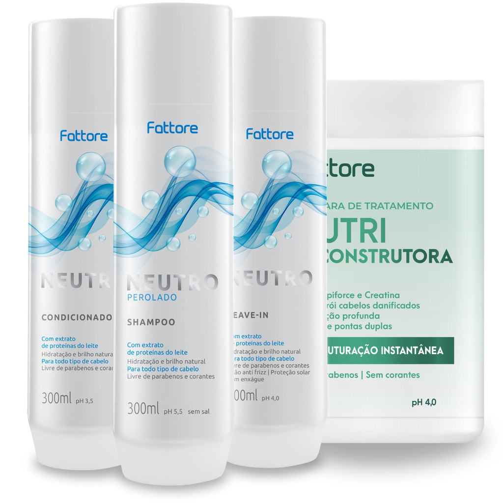 Kit Neutro Perolado Fattore - Shampoo, Condicionador, Leave-In (300ml cada) + Máscara Nutri Reconstrutora 1kg
