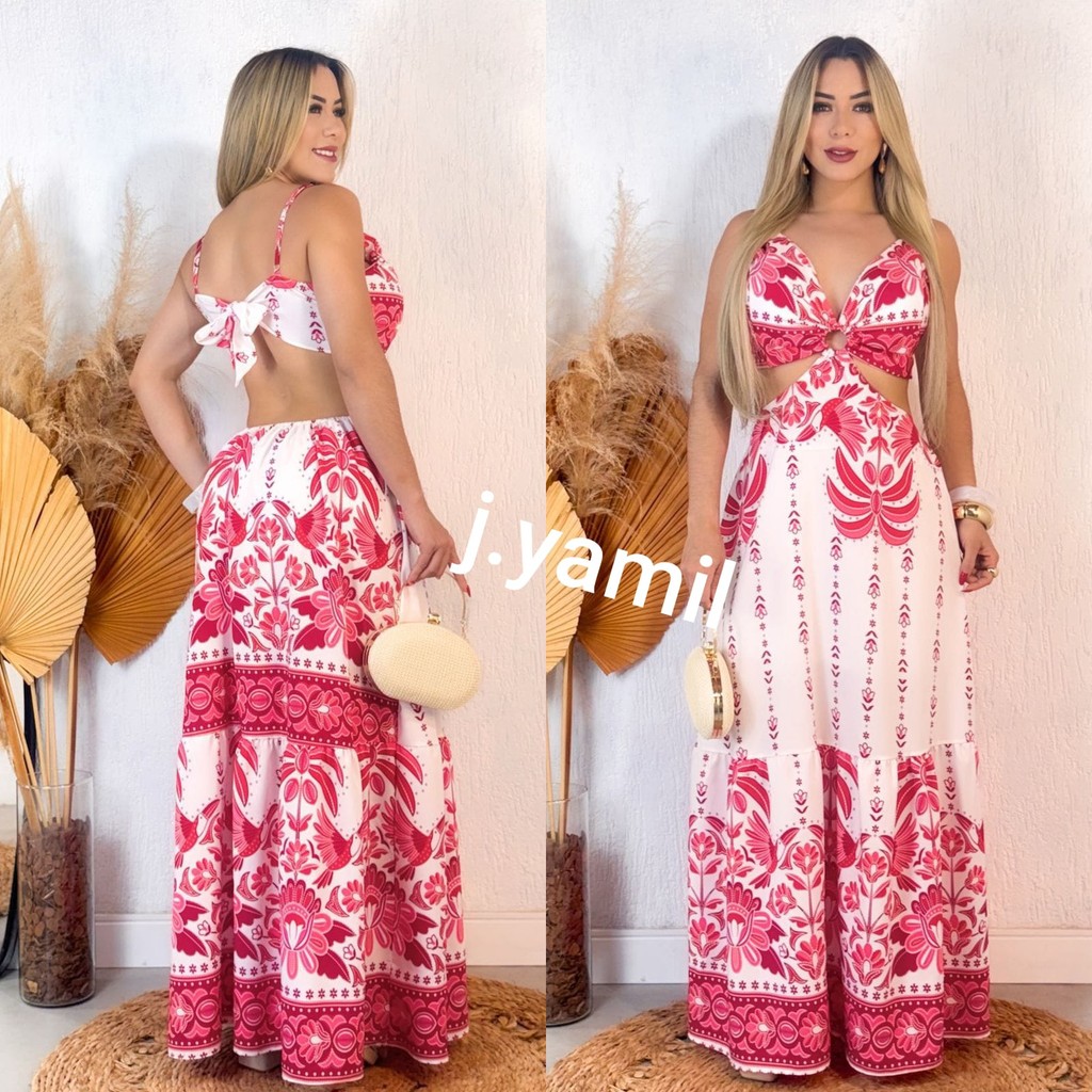 VESTIDO LOMGO CREPINHO TECIDO ESTAMPADO COM BOJO TEM FORRO
