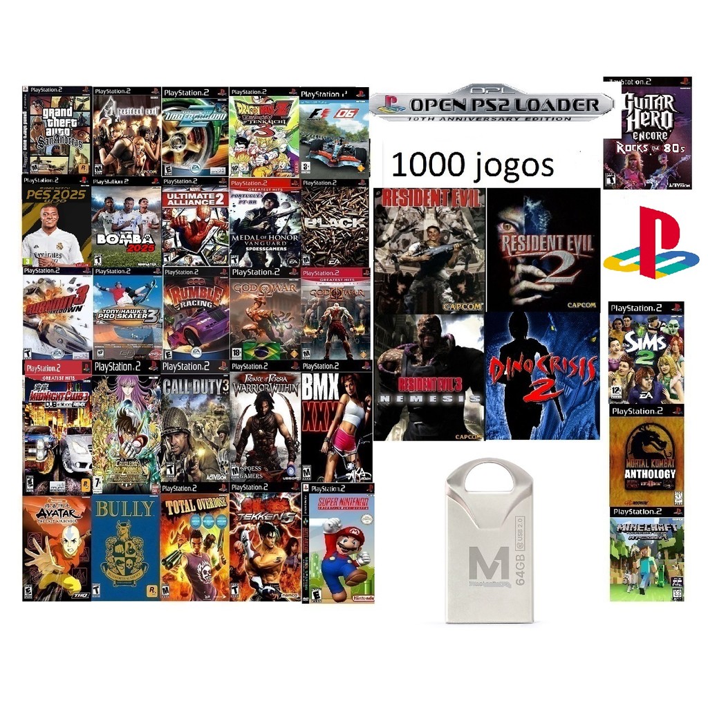 Coleção 1000 Jogos Ps2 Playstation 1 Super Nintendo Pen Drive 64gb para OPL