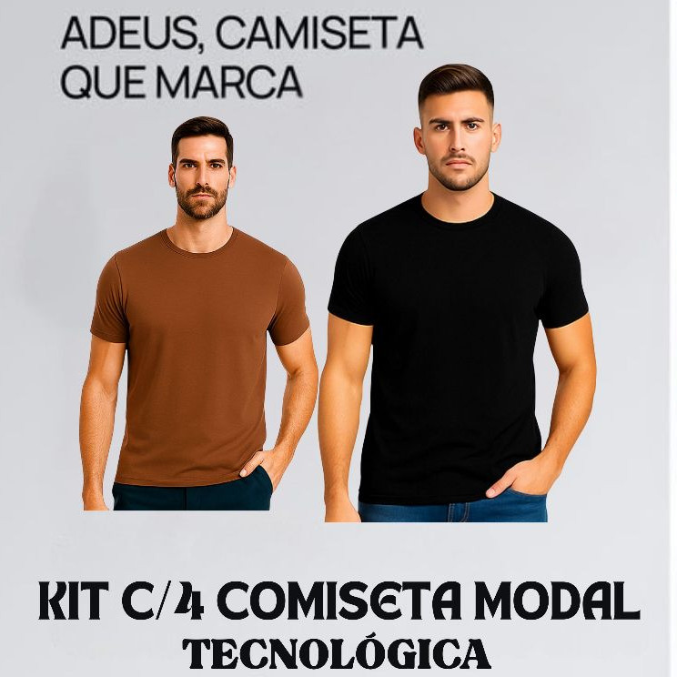 Kit 4 Camiseta T-Shirt Modal Masculina Anti Odor - Cores Variadas - Golas V e Redonda (Aleatório)