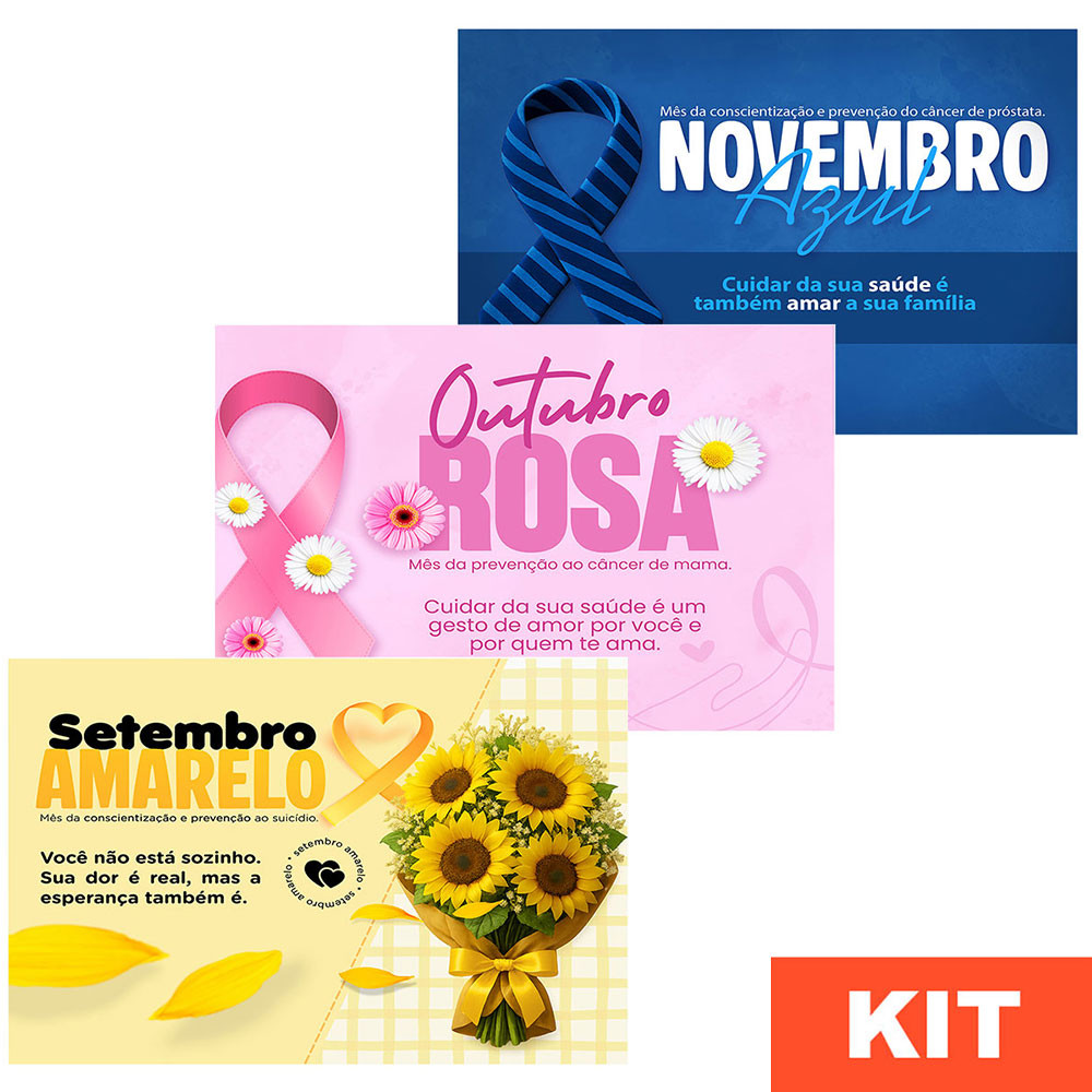 Kit Painel de Festa Setembro Amarelo + Outubro Rosa + Novembro Azul Retangular Horizontal Tecido Sublimado em Oferta na Shopee