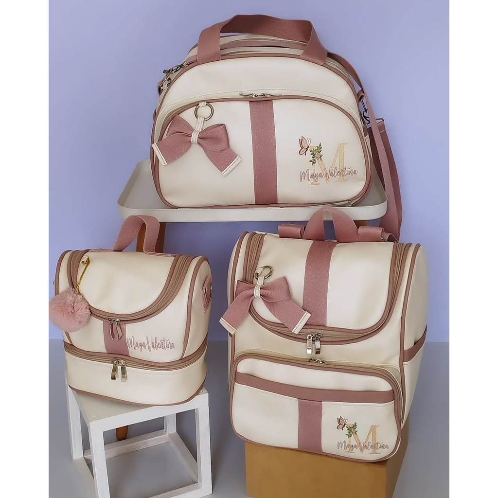 kit personalizado 3 peças bolsa saída de maternidade mamãe bebê menino menina térmica impermeável