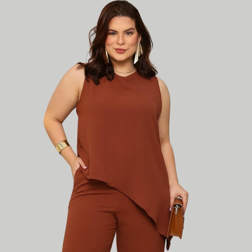 Blusa Feminina Regata Plus Size Bainha Assimétrica Com Fecho Nas Costas de Botão Moderno Elegante