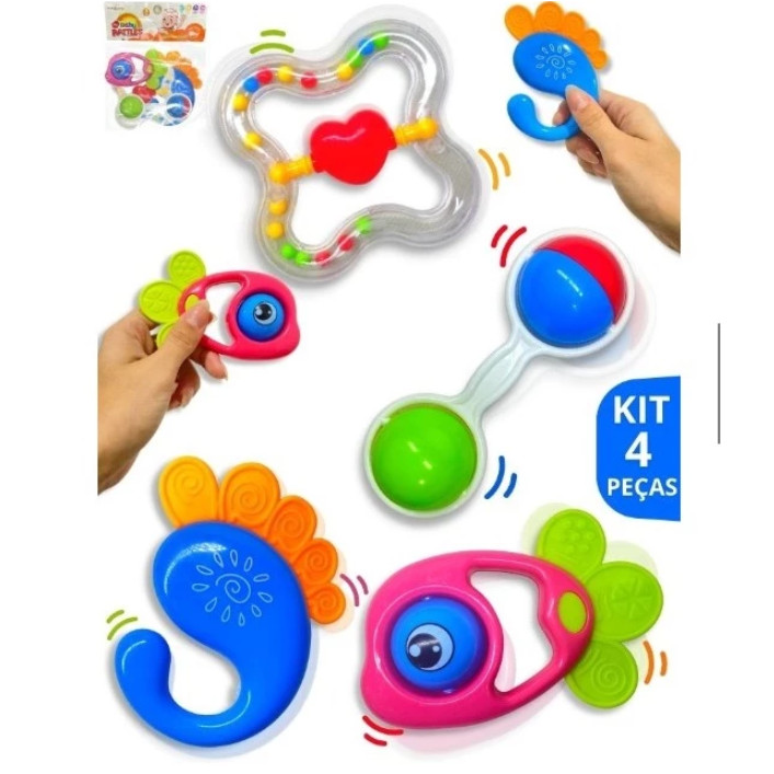 Brinquedos Para Bebê Kit com 4 pçs Chocalho + Mordedor Macio Colorido