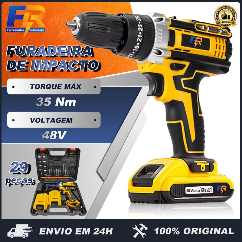 Parafusadeira Furadeira de Elétrica Sem Fio Impacto 48V Bateria 3 funções Kit Completo Acessórios