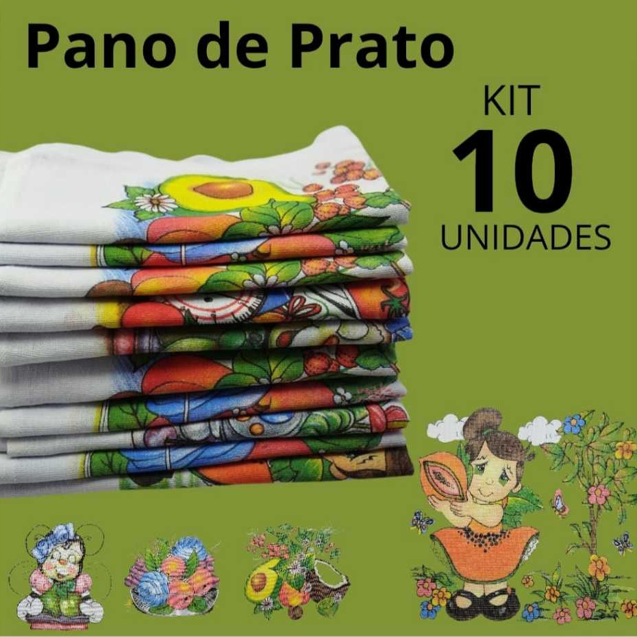 PANO DE PRATO ESTAMPADO COM BAINHA – KIT 10 PEÇAS  (ULTIMAS UNIDADES)