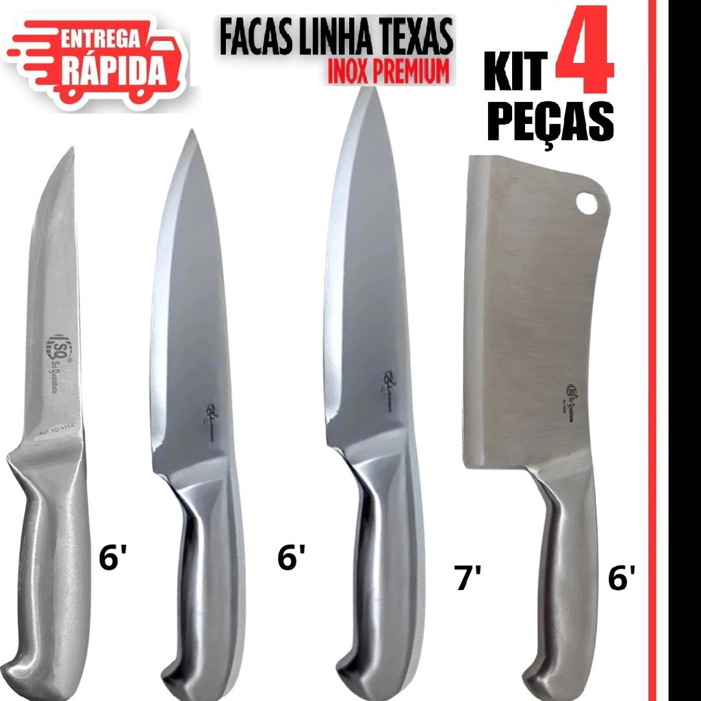 4 Facas Texas Peixeira de 6'' e 7" Faca de pão 8", Cutelo 6" Inox Peixeira, Lâmina Corte Precisão