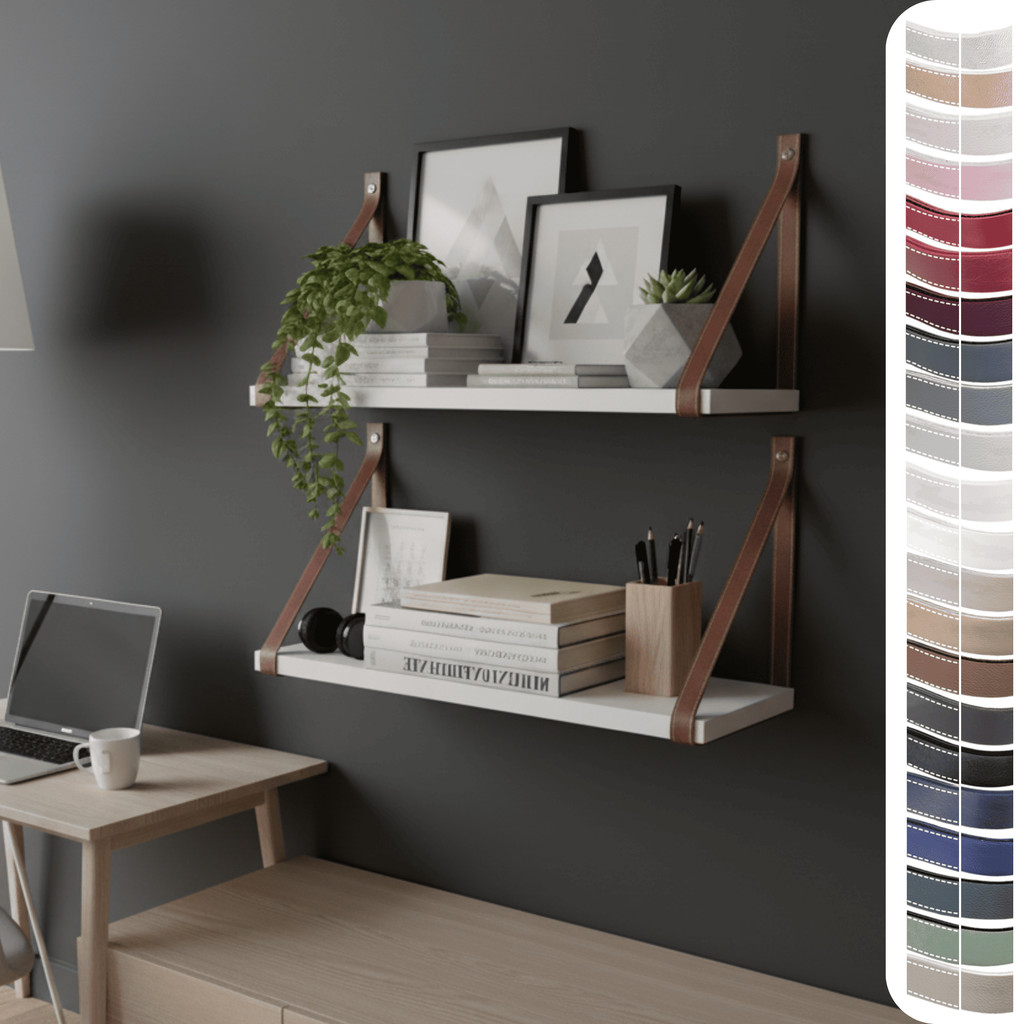 2 Prateleiras + 2 Pares Alças Textura de Couro Costura - 30, 45, 60 ou 100 cm - Pinus ou MDP Branca em Oferta na Shopee