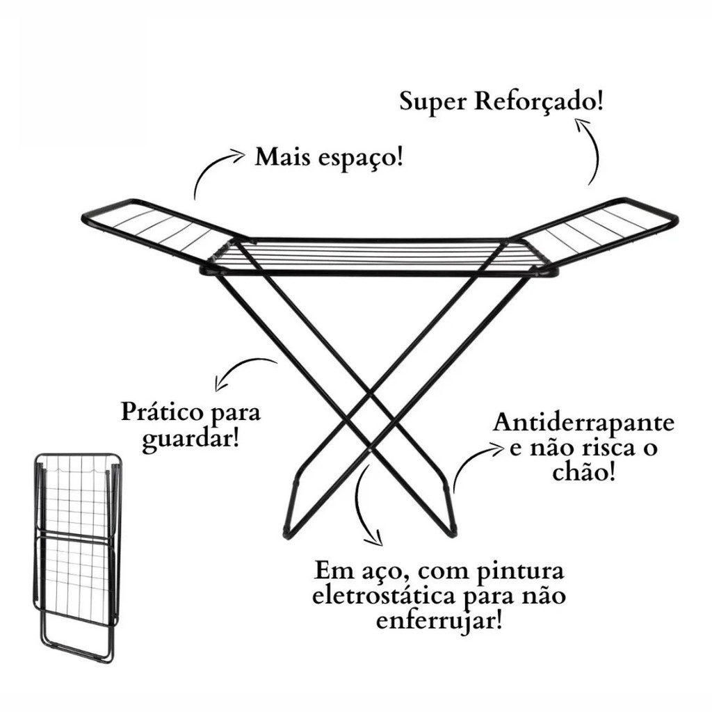 Varal Roupa Chão Grande C/ Abas Retratil  Todos Tamanhos 1,44m e 1,74m Cores Preto Branco e Alumínio em Oferta na Shopee