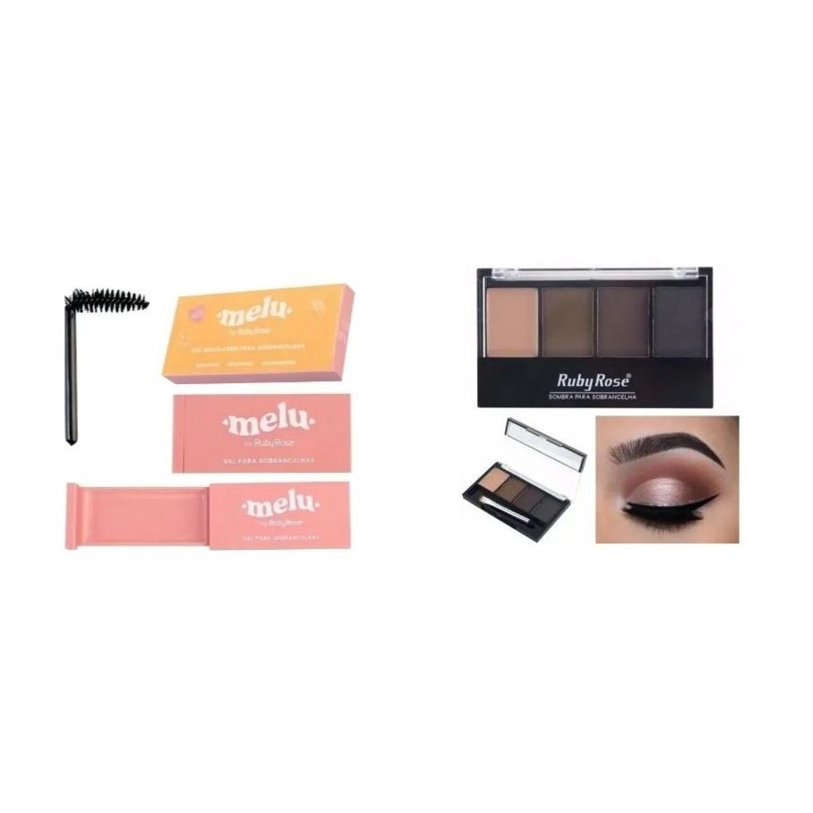 Kit Sobrancelhas Ruby Rose + Melu – Sombra 3 Tons com Primer e Gel Fixador – Definição, Fixação e Efeito Natural