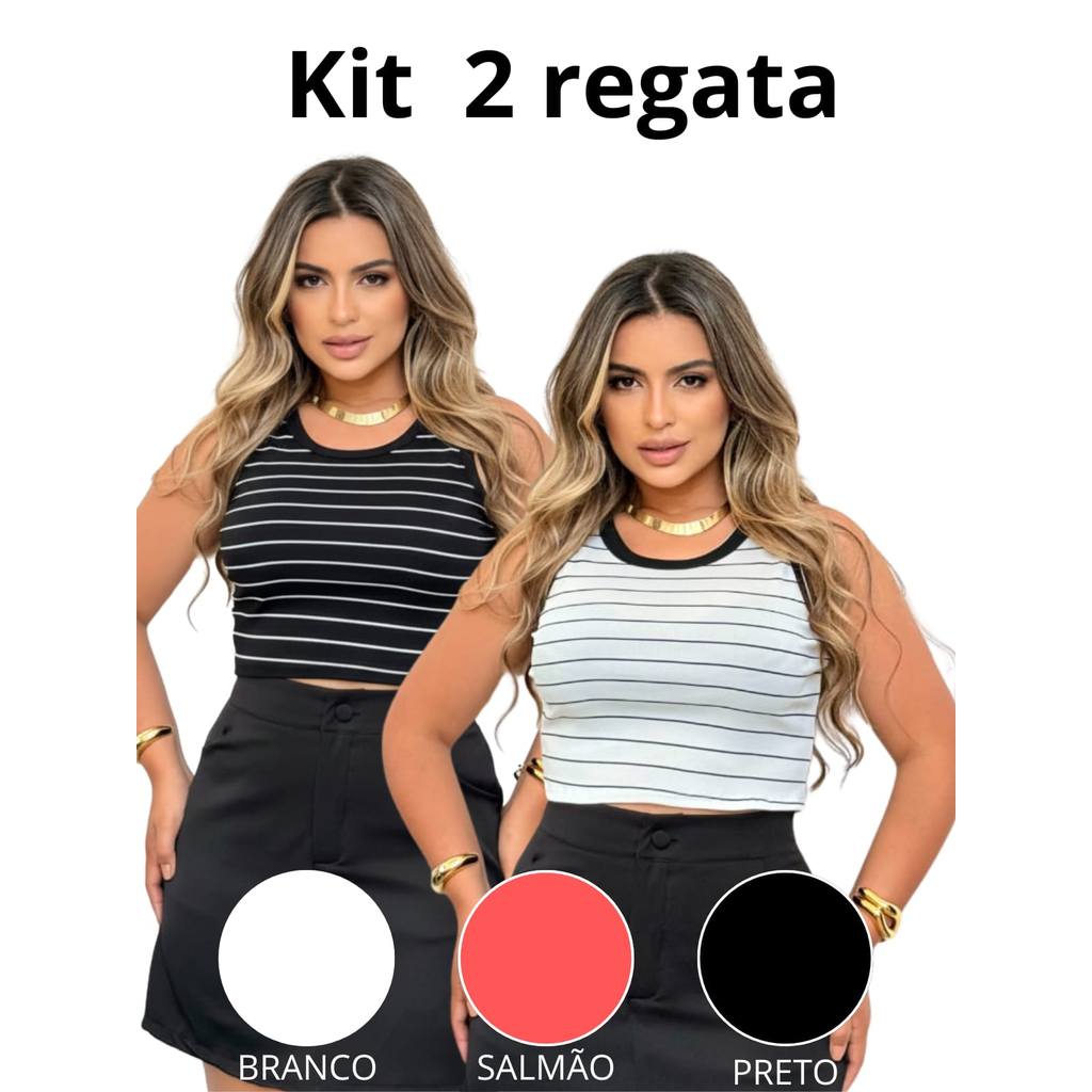 Kits Camiseta Regata croopet Feminina Canelada Listrada e Lisa Ribana Camiseta Básica Blusa Casual