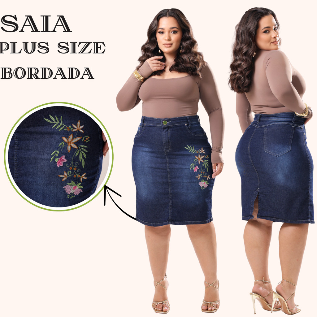 Saia Plus Size Evangelica do 46 ao 54 Jeans Com Laycra e Bordado Com Flores Em Tons Em Dourado, Rosa E Verde