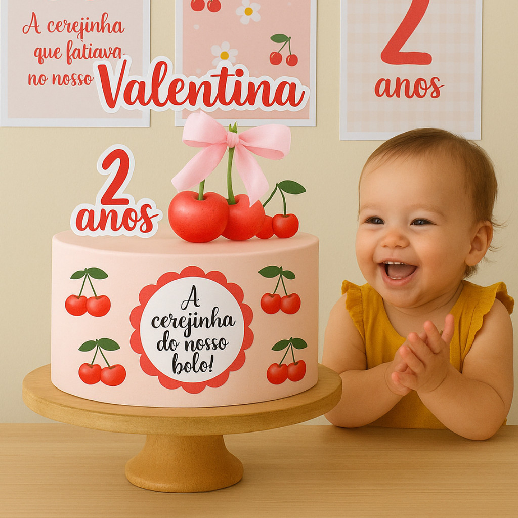 Topo de Bolo Tema Cerejinha | Topper Personalizado Cerejinha que faltava | mesversario aniversario