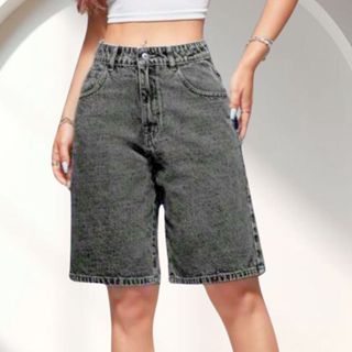 Bermuda Feminina Jorts Jeans 100% Algodão Shorts Meia Coxa Cintura Alta Preta Grafite Premium em Oferta na Shopee