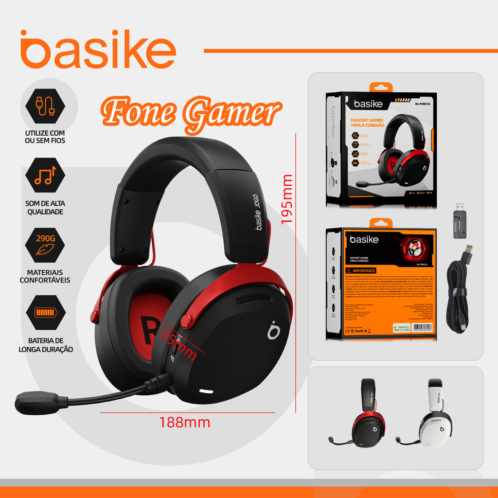 Basike sem fio Headset gamer Fone Bluetooth Com Microfone Com 2.4G Adaptador Original FON316
