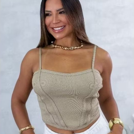 Blusa Top Alças Finas Luxo Canelada Cropped Ribana PremiumTendência Corselet