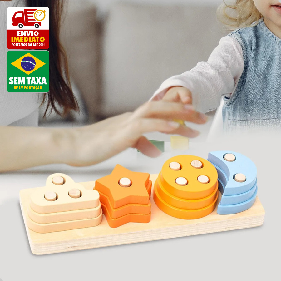 Prancha Educativa de Madeira Montessori 21cm com Formas Geométricas para Crianças