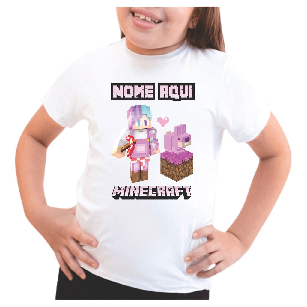 BLUSA CAMISA INFANTIL MINECRAFT ROSA  PERSONALIZADA COM NOME