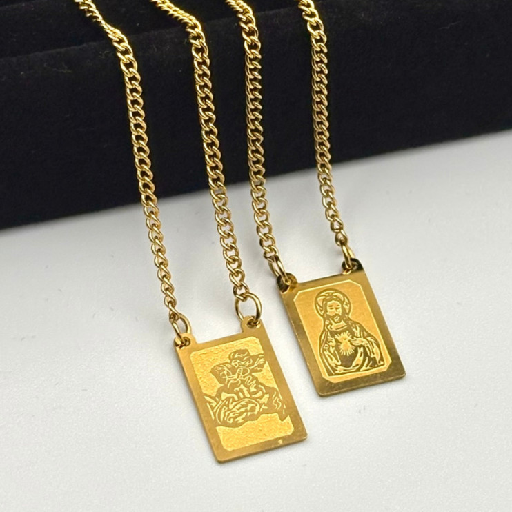 Colar Escapulário Jesus e São Jorge Aço Inox Dourado Inoxidável 316L Unissex em Oferta na Shopee