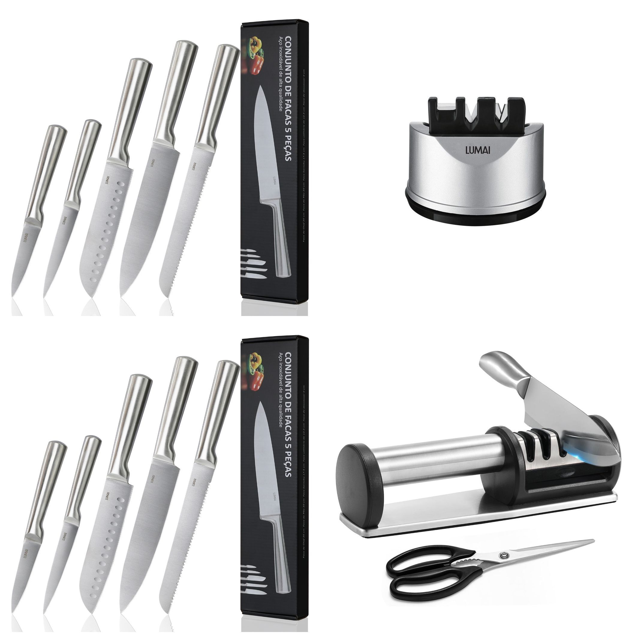 Lumai Kit 5 Facas Inox 3CR13 Chef Santoku Pão 2 Afiadores Diamante Tungstênio Zurique Cozinha