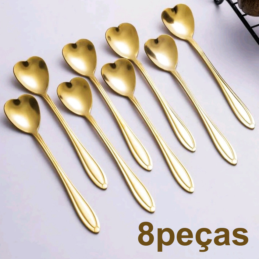 8 peça Colher de Café Design de Coração Aço Inoxidável Colher para Bolo em Oferta na Shopee