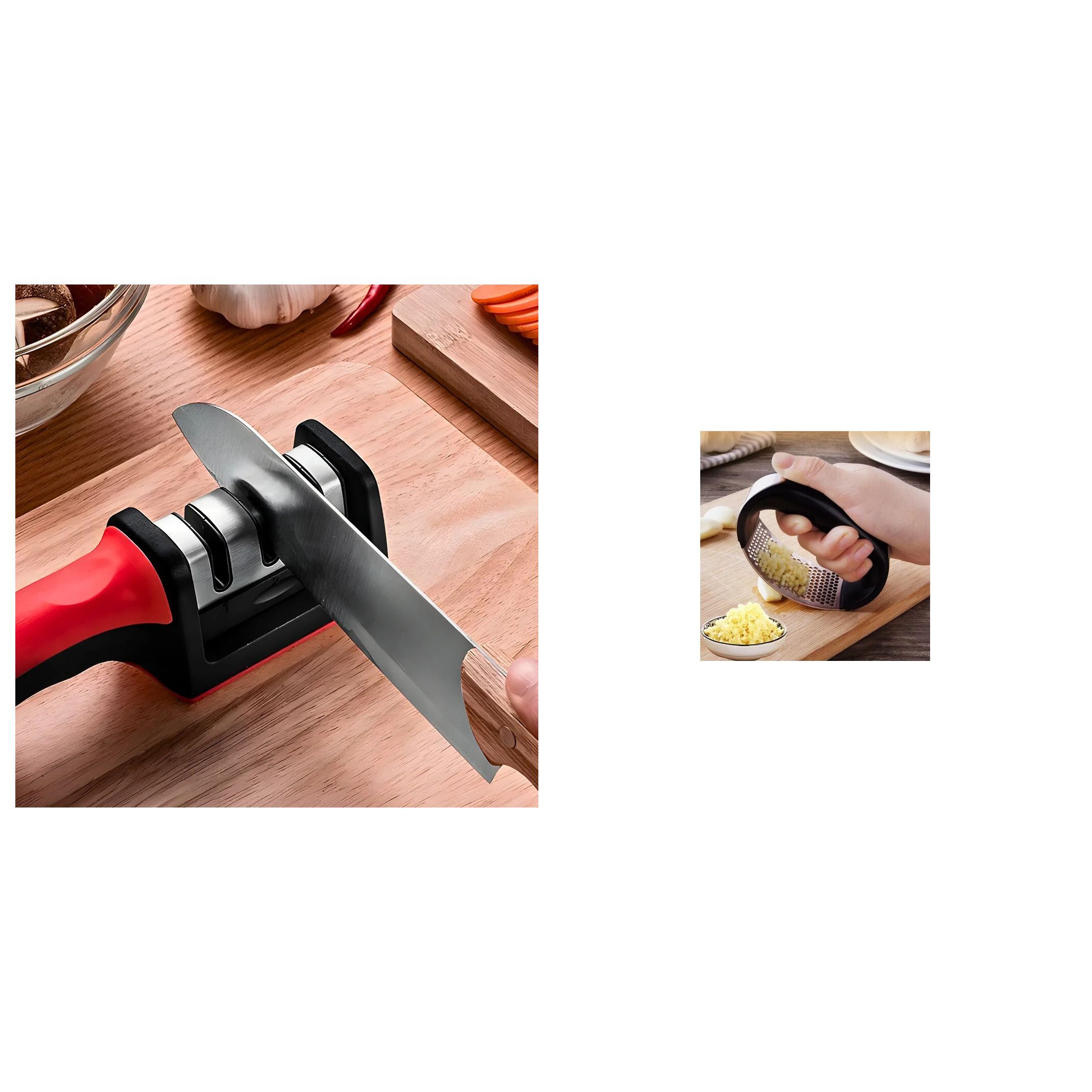 Kit Com Espremedor Amassador De Alho em Aço Inox + Afiador Amolador Multiuso D Facas e Tesouras Profissional em Aço Inox