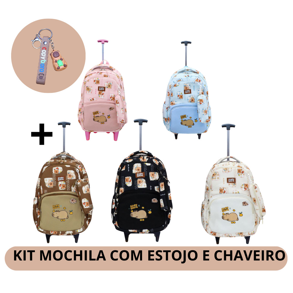 Kit Mochila Com Rodinhas Capivara Capybara Reforçada Lançamento Cores Moda Juvenil Estojo Chaveiro