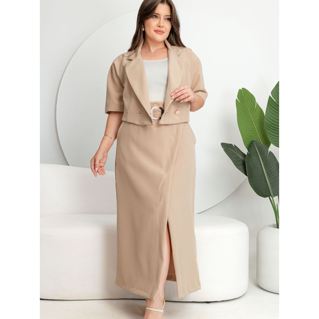 Conjunto Feminino Alfaiataria Verde Midi Blazer Cropped e Saia Elegante Social