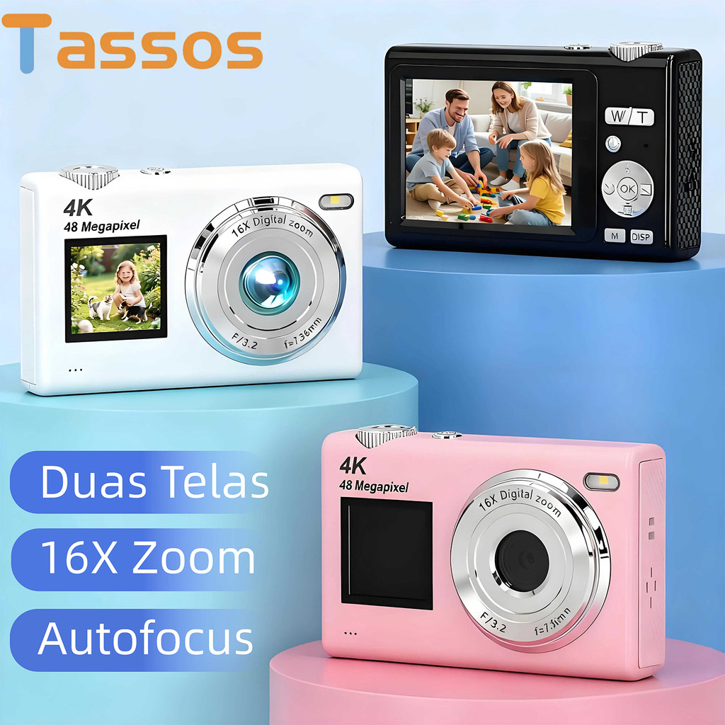 TASSOS Câmera Digital CCD Dual Screens Selfie 16X Zoom Cartão de 32 GB  Beginner & Student Friendly