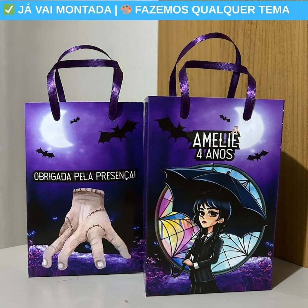 Sacolinha Surpresa Personalizada Wandinha Desenho Roxo Preto Festa Lembrancinha Aniversário 17x10x4