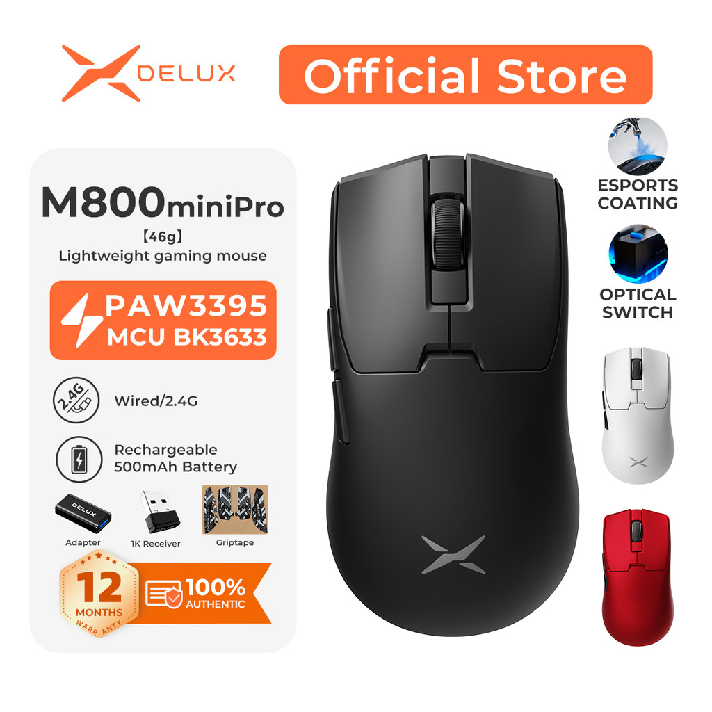 DELUX M800Mini Pro Mouse Gamer Sem Fio 46g – PAW3395, 8K Wireless, 26000 DPI, Ergonômico para Mãos Pequenas