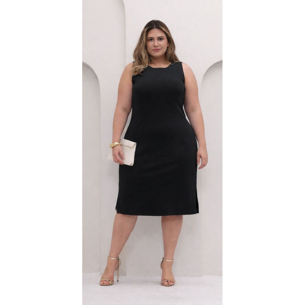 Vestido Plus Size Midi Regata Feminino Preto Confortável Não Marca Casual Elegante