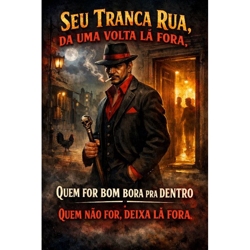 Quadro Decorativo Seu Tranca Rua da uma volta lá fora, quem for bom entra pra dentro quem não for deixa lá fora Umbanda