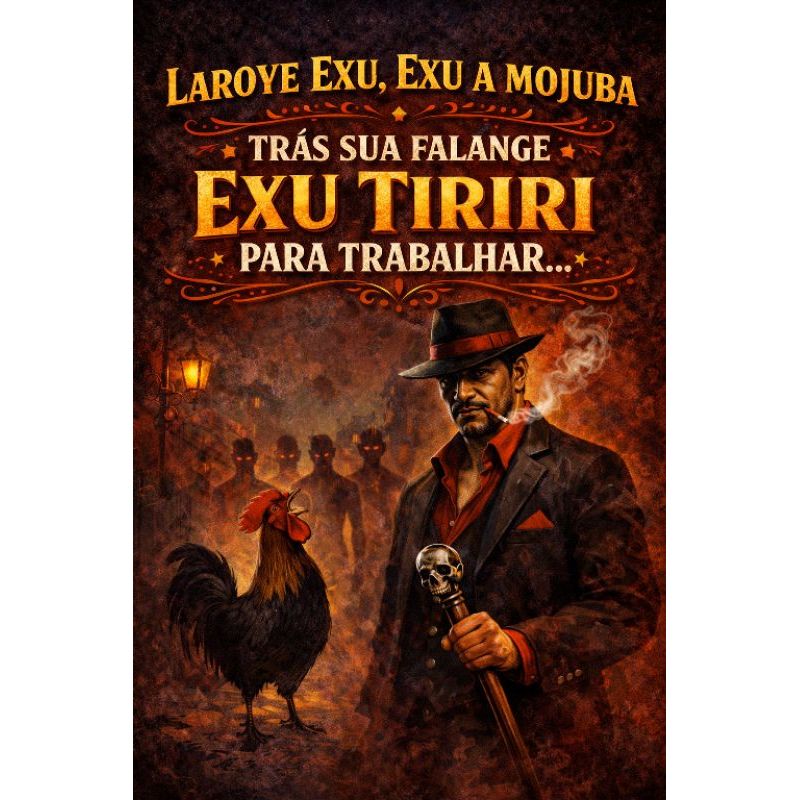 Quadro Decorativo Laraoye Exu, Exu a Mojuba, trás sua falange Exu Tiriri para trabalhar