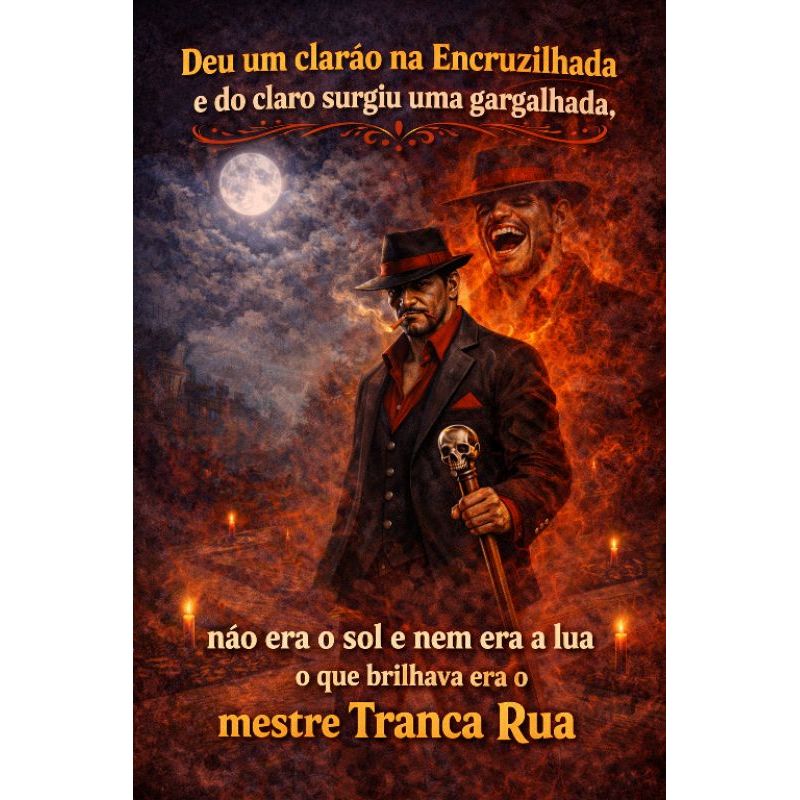 Quadro Deu clarão na encruzilhada e clarão surgiu gargalhada n era o sol e n era lua o q brilhava era mestre Tranca Rua